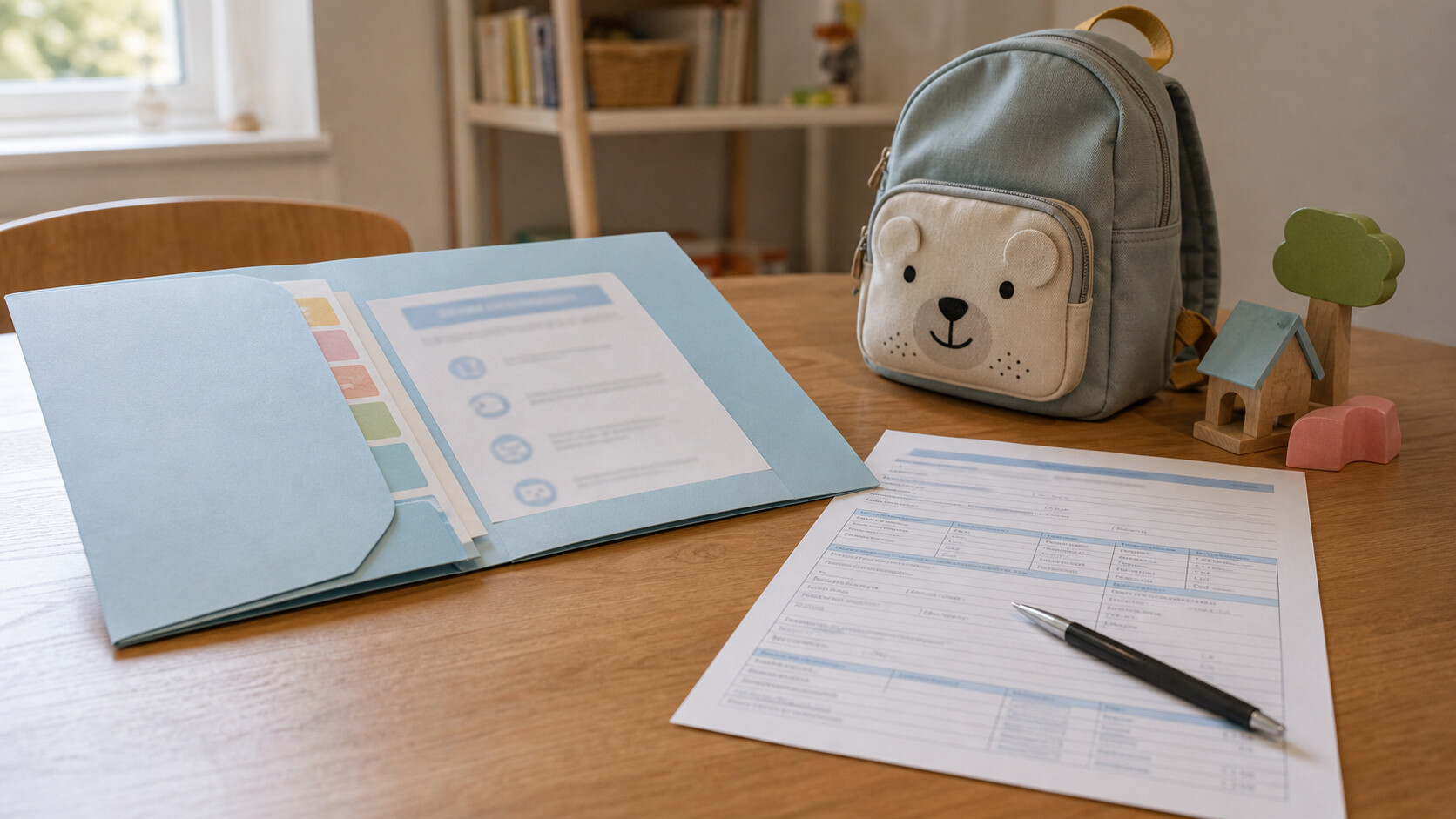 Dossier d'inscription avec fiche sanitaire et stylo sur une table